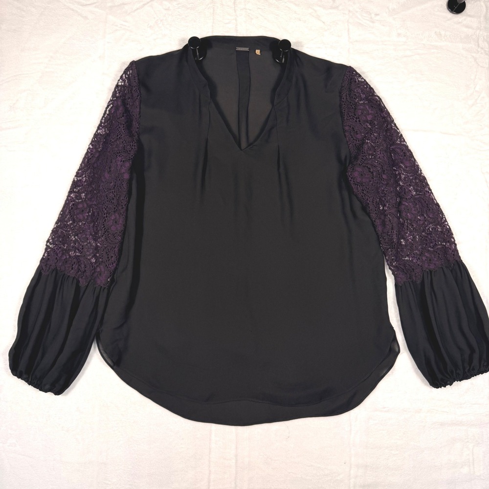 Elie Tahari Black Silk Blouse Purple Lace Long Sleeve V-Neck Top E910N526 M